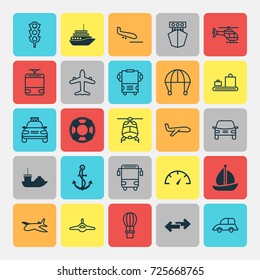 Transportation Icons Set. Collection Of Plane Arrival, Baggage Carousel, Jet And Other Elements. Also Includes Symbols Such As Copter, Bus, Arrow.