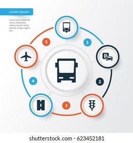 Transportation Icons Set. Collection Of Railroad, Road Sign, Omnibus And Other Elements. Also Includes Symbols Such As Aircraft, Highway, Omnibus.