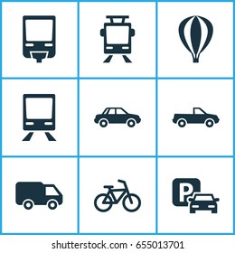 Transportation Icons Set. Collection Of Railroad, Bicycle, Cabriolet And Other Elements. Also Includes Symbols Such As Trolley, Bicycle, Tram.