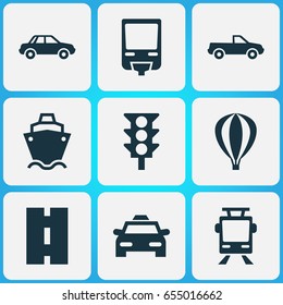 Transportation Icons Set. Collection Of Railroad, Airship, Tanker And Other Elements. Also Includes Symbols Such As Cab, Auto, Way.