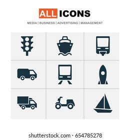 Transportation Icons Set. Collection Of Railway, Stoplight, Van And Other Elements. Also Includes Symbols Such As Rocket, Railway, Wagon.