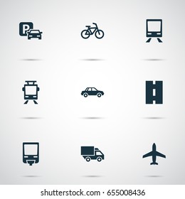 Transportation Icons Set. Collection Of Railway, Bicycle, Aircraft And Other Elements. Also Includes Symbols Such As Van, Parking, Airplane.