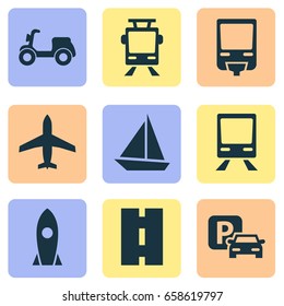 Transportation Icons Set. Collection Of Road Sign, Yacht, Railway And Other Elements. Also Includes Symbols Such As Boat, Wagon, Road.