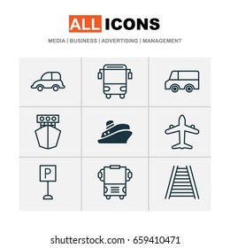 Transportation Icons Set. Collection Of Roadsign, Auto Car, Railroad And Other Elements. Also Includes Symbols Such As Railway, School, Cargo.