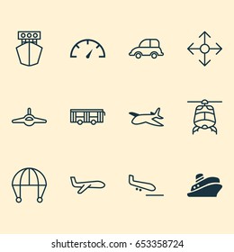 Transportation Icons Set. Collection Of Ship, Plane, Plane Arrival And Other Elements. Also Includes Symbols Such As Plane, Aviation, Aircraft.