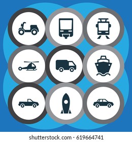 Transportation Icons Set. Collection Of Skooter, Cabriolet, Streetcar And Other Elements. Also Includes Symbols Such As Trolley,  Truck.