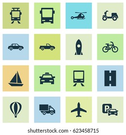 Transportation Icons Set. Collection Of Skooter, Yacht, Streetcar And Other Transport Icon Elements. Also Includes Symbols Such As Spaceship, Air, Aircraft.