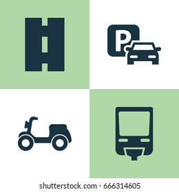 Transportation Icons Set. Collection Of Skooter, Road Sign, Railroad And Other Elements. Also Includes Symbols Such As Way, Highway, Motorbike.