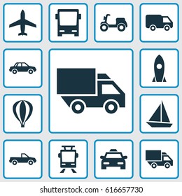 Transportation Icons Set. Collection Of Spaceship, Truck, Yacht And Other Elements. Also Includes Symbols Such As Omnibus, Moped, Scooter.