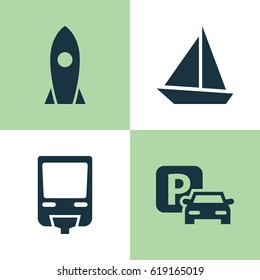 Transportation Icons Set. Collection Of Spaceship, Road Sign, Yacht And Other Elements. Also Includes Symbols Such As Monorail, Railroad, Auto.