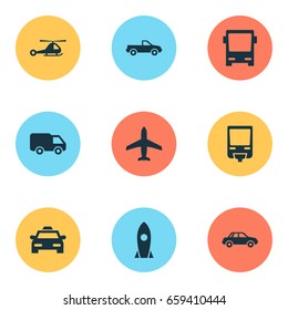 Transportation Icons Set. Collection Of Spaceship, Aircraft, Cabriolet And Other Elements. Also Includes Symbols Such As Pickup, Monorail, Camion.