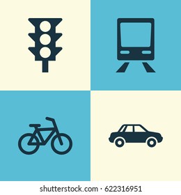 Transportation Icons Set. Collection Of Stoplight, Automobile, Railway And Other Elements. Also Includes Symbols Such As Auto, Automobile, Bike.