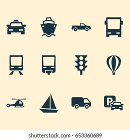 Transportation Icons Set. Collection Of Stoplight, Truck, Railroad And Other Elements. Also Includes Symbols Such As Railway, Ship, Auto.