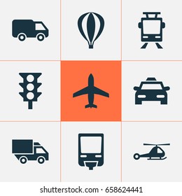 Transportation Icons Set. Collection Of Stoplight, Railroad, Streetcar And Other Elements. Also Includes Symbols Such As Aircraft, Car, Airship.