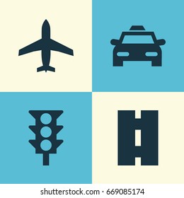 Transportation Icons Set. Collection Of Stoplight, Way, Aircraft And Other Elements. Also Includes Symbols Such As Road, Cab, Car.