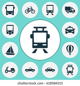 Transportation Icons Set. Collection Of Streetcar, Omnibus, Cabriolet And Other Elements. Also Includes Symbols Such As Auto, Pickup, Truck.