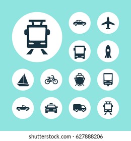 Transportation Icons Set. Collection Of Streetcar, Omnibus, Railroad And Other Elements. Also Includes Symbols Such As Monorail, Pickup, Ship.