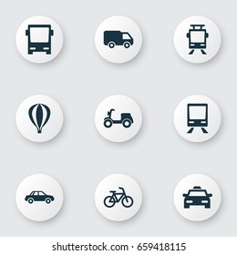 Transportation Icons Set. Collection Of Streetcar, Cab, Automobile And Other Elements. Also Includes Symbols Such As Automobile, Air, Truck.