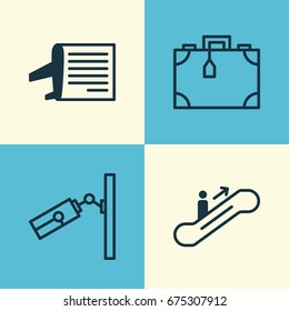Transportation Icons Set. Collection Of Suitcase, Video Surveillance, Moving Staircase And Other Elements. Also Includes Symbols Such As Video, Luggage, Schedule.