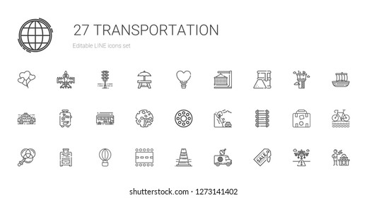 transportation icons set. Collection of transportation with supermarket, van, traffic cone, runway, hot air balloon, suitcase, color. Editable and scalable transportation icons.