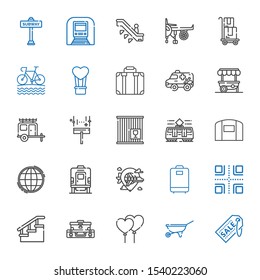 transportation icons set. Collection of transportation with supermarket, wheelbarrow, balloons, suitcase, stairs, crossroads, luggage. Editable and scalable transportation icons.