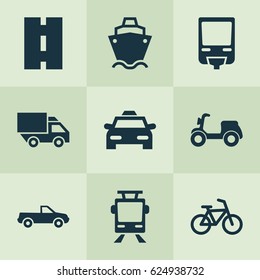 Transportation Icons Set. Collection Of Tanker, Cabriolet, Bicycle And Other Elements. Also Includes Symbols Such As Camion, Bike, Streetcar.