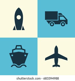 Transportation Icons Set. Collection Of Tanker, Van, Aircraft And Other Elements. Also Includes Symbols Such As Rocket, Tanker, Camion.