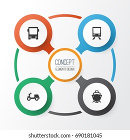Transportation Icons Set. Collection Of Tanker, Omnibus, Skooter And Other Elements. Also Includes Symbols Such As Motorbike, Scooter, Bus.