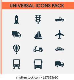 Transportation Icons Set. Collection Of Truck, Stoplight, Railway And Other Elements. Also Includes Symbols Such As Balloon, Camion, Rocket.