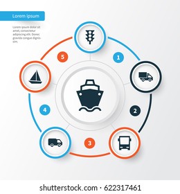 Transportation Icons Set. Collection Of Van, Truck, Stoplight And Other Elements. Also Includes Symbols Such As Camion, Omnibus, Traffic.