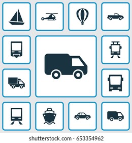 Transportation Icons Set. Collection Of Van, Cabriolet, Omnibus And Other Elements. Also Includes Symbols Such As Car, Autobus, Wagon.