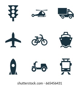 Transportation Icons Set. Collection Of Van, Tanker, Stoplight And Other Elements. Also Includes Symbols Such As Aircraft, Truck, Trolley.