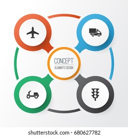 Transportation Icons Set. Collection Of Van, Skooter, Stoplight And Other Elements. Also Includes Symbols Such As Motorbike, Flight, Aircraft.
