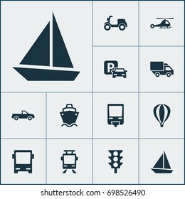 Transportation Icons Set. Collection Of Van, Stoplight, Skooter And Other Elements. Also Includes Symbols Such As Monorail, Parking, Scooter.