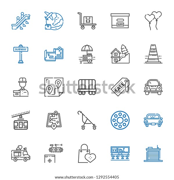 transportation icons set. Collection of\
transportation with warehouse, airport, supermarkets, conveyor, ice\
cream truck, car, rolling wheel. Editable and scalable\
transportation\
icons.