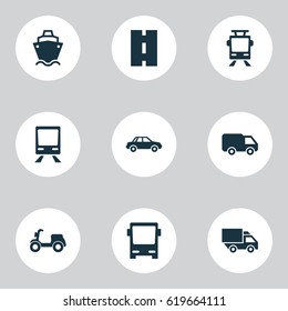 Transportation Icons Set. Collection Of Way, Automobile, Railway And Other Elements. Also Includes Symbols Such As Truck, Tram, Automobile.