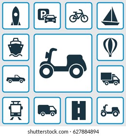 Transportation Icons Set. Collection Of Way, Airship, Tanker And Other Elements. Also Includes Symbols Such As Moped, Trolley, Scooter.
