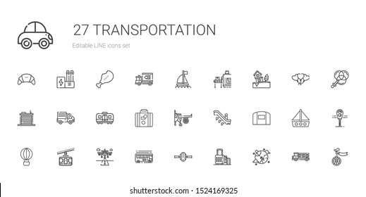 transportation icons set. Collection of transportation with worldwide, suitcase, wheel, bus, runway, cable car, hot air balloon, hangar. Editable and scalable transportation icons.
