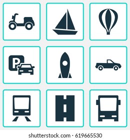 Transportation Icons Set. Collection Of Yacht, Skooter, Cabriolet And Other Elements. Also Includes Symbols Such As Sail, Flight, Highway.