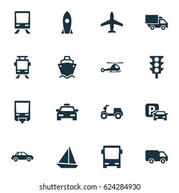 Transportation Icons Set. Collection Of Yacht, Aircraft, Skooter And Other Elements. Also Includes Symbols Such As Tram, Parking, Camion.