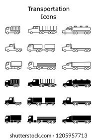 Transportation icons set. Delivery trailers, cargo trukcs, dumpers and van vector illustration isolated on white