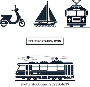 Transportation Icons Set" features clean, modern line icons symbolizing different forms of transport, including public transit, personal vehicles, and commercial shipping methods.