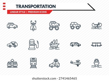transportation icons set - hatchback, scooter front view, eco-friendly transport, police car, boat front view outline vector collection.