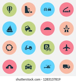 Transportation icons set with hump bridge, falling rock, van and other recycle elements. Isolated vector illustration transportation icons.