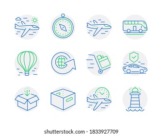 Transportation icons set. Included icon as Push cart, World globe, Bus tour signs. Flight time, Get box, Travel compass symbols. Airplane, Office box, Air balloon. Airplane travel. Vector