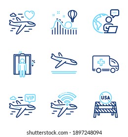 Transportation icons set. Included icon as Ambulance emergency, Usa close borders, Honeymoon travel signs. Airplane wifi, Arrivals plane, Elevator symbols. Roller coaster, Vip flight. Vector