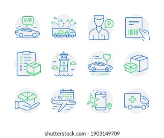 Transportation icons set. Included icon as Flights application, Lighthouse, Select flight signs. Parcel invoice, Truck delivery, Parcel checklist symbols. Packing boxes, Hold box. Vector