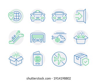 Transportation icons set. Included icon as Exit, World travel, Parking garage signs. Passport, Packing boxes, Medical helicopter symbols. Open box, Escalator, Car. Taxi, Flight mode. Vector