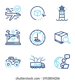 Transportation icons set. Included icon as Truck delivery, Return package, Tractor signs. Airplane travel, Lighthouse, Search package symbols. 48 hours, Confirmed flight line icons. Vector