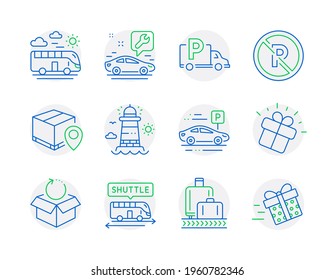 Transportation icons set. Included icon as Lighthouse, No parking, Bus travel signs. Parcel tracking, Car service, Shuttle bus symbols. Car parking, Gift, Return package. Baggage reclaim. Vector